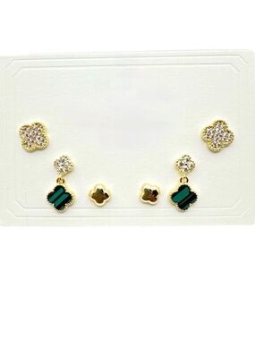 Malachite & Zirconia w/ Gold Clover Earrings Set 6 Pc Gold Plated